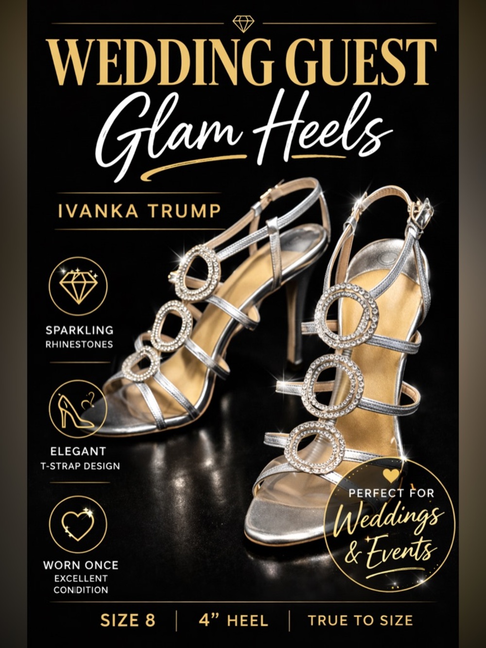 Ivanka Trump Itasteria Rhinestone Circle T-Strap Sparky Wedding Heels Sz 8